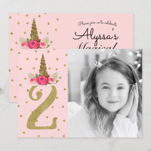 Pink Gold Glitter Unicorn 2 2nd Birthday Party Invitation