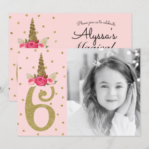 Pink Gold Glitter Unicorn 6 6th Six Birthday Party Invitation