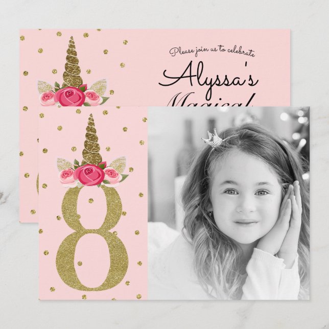 Pink Gold Glitter Unicorn 8 8th Birthday Party Invitation (Front/Back)