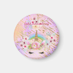 Pink Gold Glitter Unicorn Face Rainbow Girls Gift Magnet