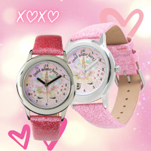 Pink Gold Glitter Unicorn Face Rainbow Girls Gift Watch