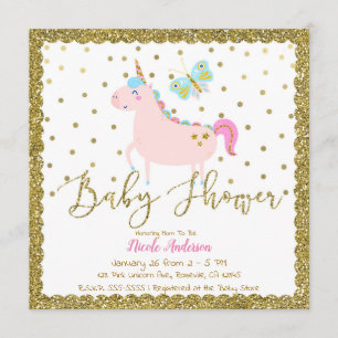 Pink & Gold Glitter Unicorn Girls Baby Shower Invitation