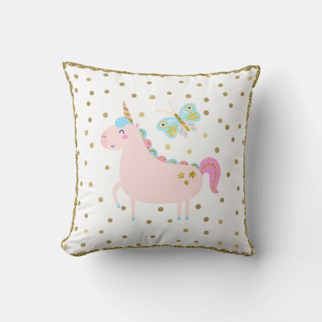 Pink & Gold Glitter Unicorn Girls Bedroom Nursery Cushion (Front)