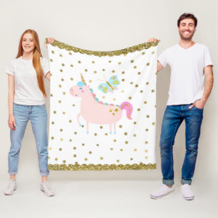 Pink & Gold Glitter Unicorn Girls Bedroom Nursery Fleece Blanket