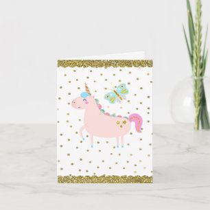 Pink & Gold Glitter Unicorn Girls Birthday Party Card
