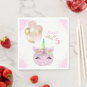 Pink Gold Glitter Unicorn Pumpkin Girls Birthday Napkin