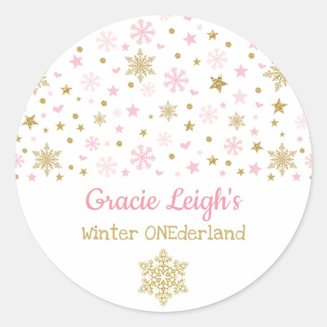 Pink Gold Glitter Winter Snowflake ONEderland Baby Classic Round Sticker (Front)