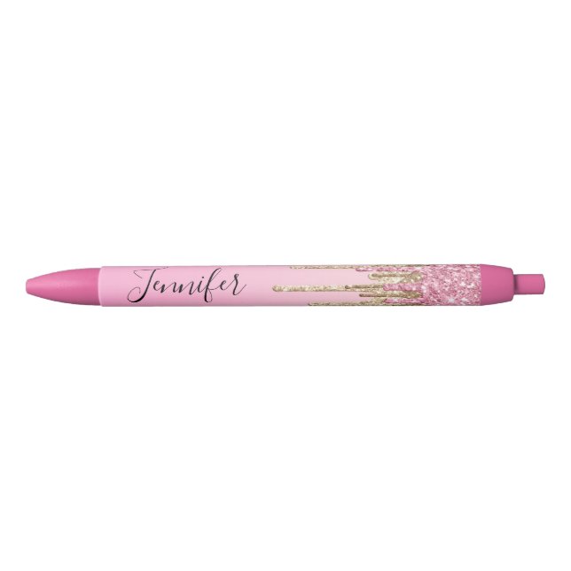 pink gold glitters personalised name trendy black ink pen (Front)