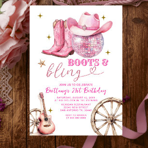 Pink Gold Glittter Boots and Bling 21st Birthday Invitation