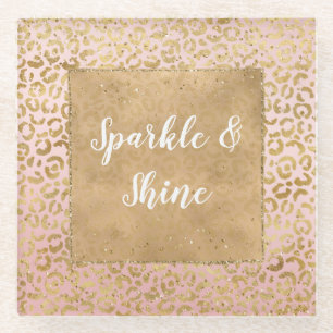 Pink Gold Glitz Sparkle Leopard Print Glass Coaster