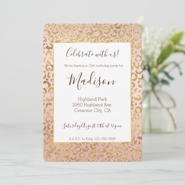 Pink Gold Glitz Sparkle Leopard Print Invitation (Standing Front)
