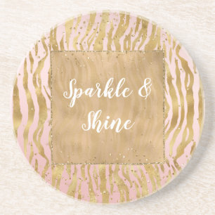Pink Gold Glitz Sparkle Zebra Print Coaster