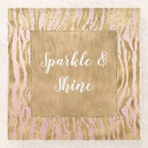 Pink Gold Glitz Sparkle Zebra Print Glass Coaster
