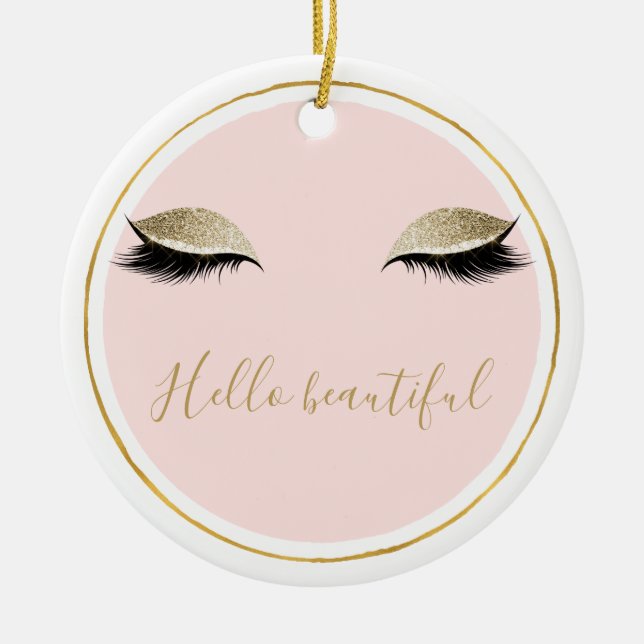 Pink Gold Glitzy Black Eyelashes Ceramic Ornament (Front)