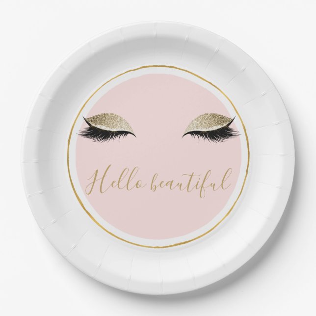 Pink Gold Glitzy Black Eyelashes Paper Plate (Front)
