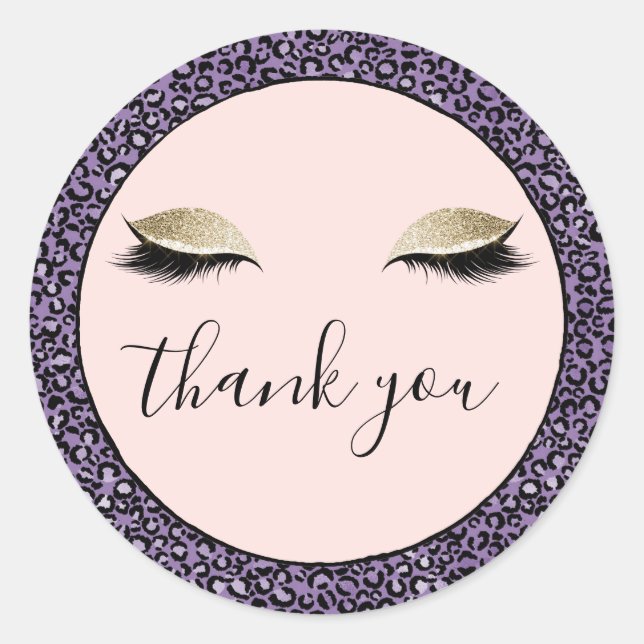 Pink Gold Glitzy Black Eyelashes Purple Leopard Classic Round Sticker (Front)