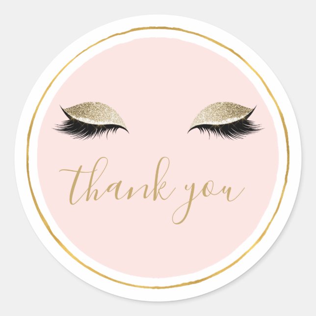 Pink Gold Glitzy Black Eyelashes Thank you Classic Round Sticker (Front)