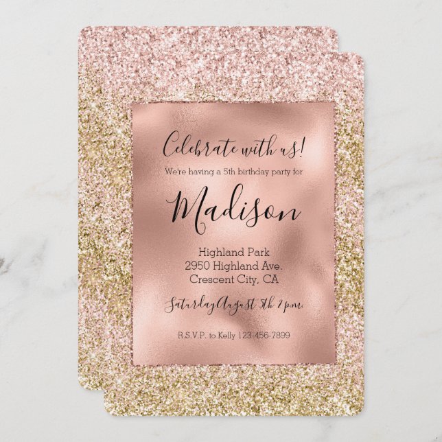 Pink Gold Glitzy Girly Sparkle Glitter Ombre Invitation (Front/Back)