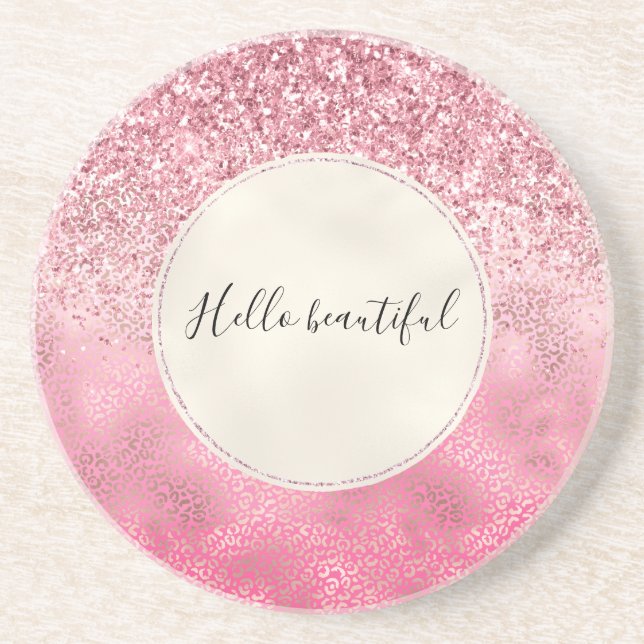 Pink Gold Glitzy Glitter Ombre Leopard Print Coaster (Front)