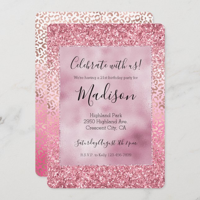 Pink Gold Glitzy Glitter Ombre Leopard Print Invitation (Front/Back)