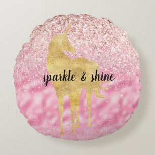 Pink Gold Glitzy Glitter Unicorn Round Cushion