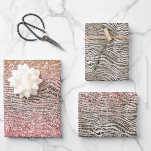 Pink Gold Glitzy Glitter Zebra Print Wrapping Paper Sheet