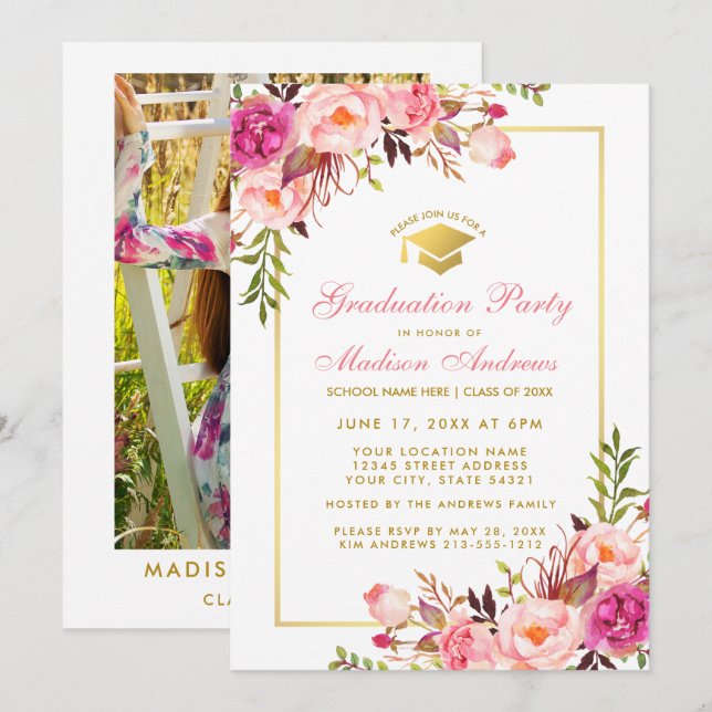 Pink Gold Graduation Party Invite - Back Photo (Front/Back)