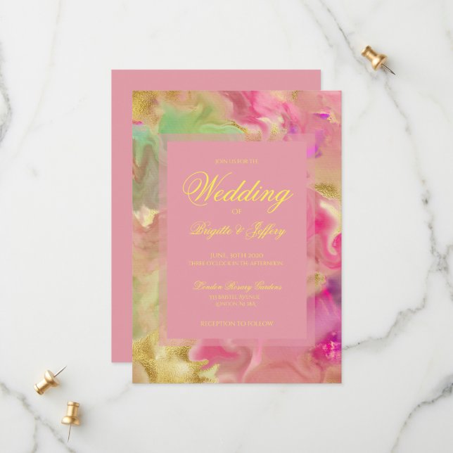 Pink, gold, green ink wedding invitations  (Front/Back In Situ)