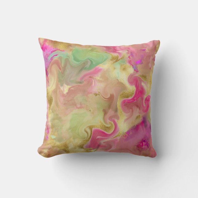 Pink, gold, green marble print pillow (Front)