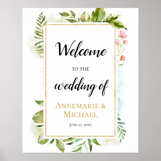 Pink Gold Green "Welcome To The Wedding Of" Sign (Front)