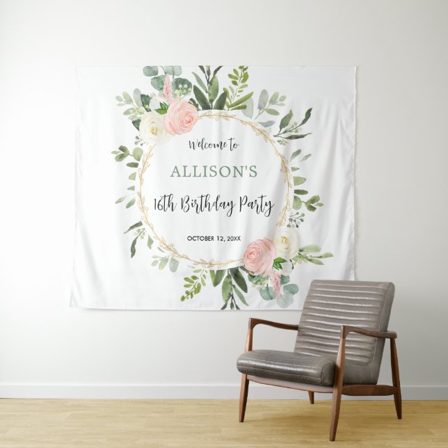 Pink gold greenery birthday party backdrop sign tapestry (In Situ (Horizontal))