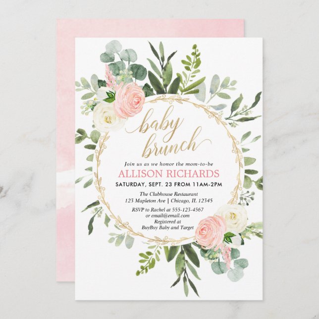 Pink gold greenery elegant girl baby brunch invitation (Front/Back)