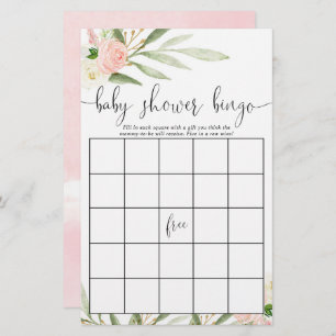 Pink gold greenery floral baby shower bingo cards