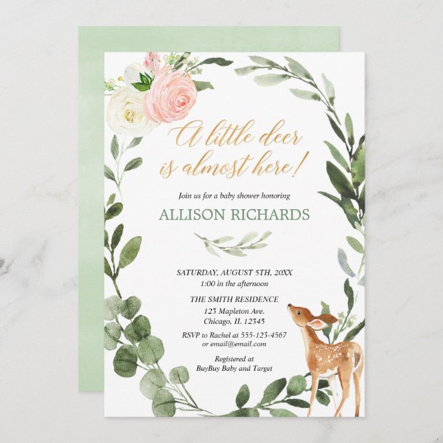 Pink gold greenery little deer girl baby shower invitation (Front/Back)