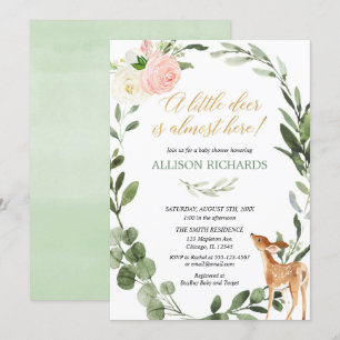 Pink gold greenery little deer girl baby shower invitation