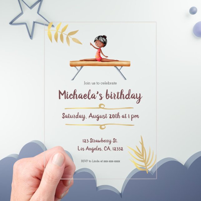 Pink Gold Gymnastics Girl Balance Beam Birthday Acrylic Invitations (Creator Uploaded)