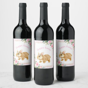 Pink & Gold Happy Easter Bunny Wine Label