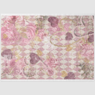 Pink Gold Harlequin Hearts Crowns Floral Decoupage Tissue Paper