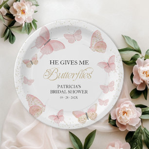 Pink Gold He Gives Me Butterflies Paper Plate