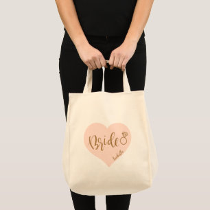 Pink gold heart and script personalised bride tote bag