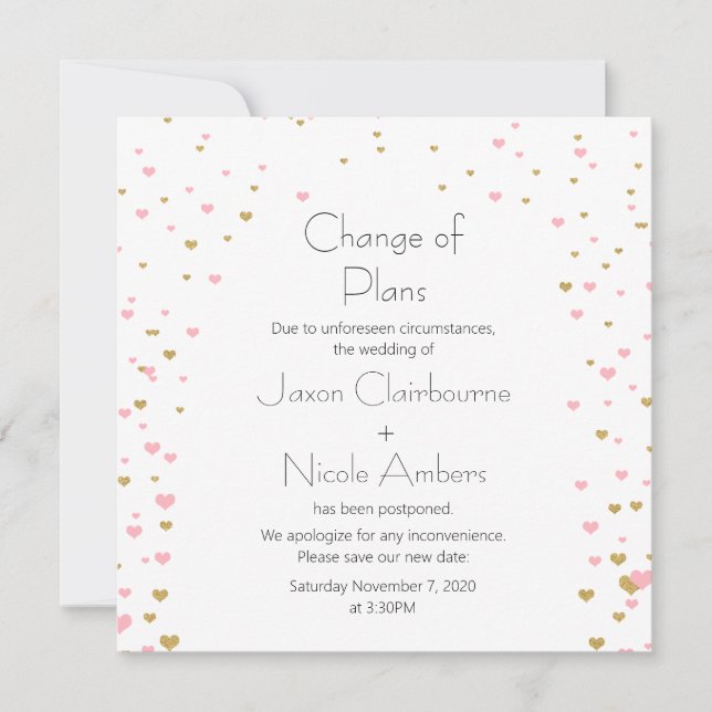 Pink Gold Heart Cascading Change of Plans Invitation (Front)