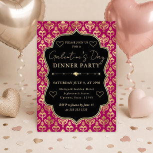 Pink & Gold Heart Damask Galentine's Dinner Party Invitation