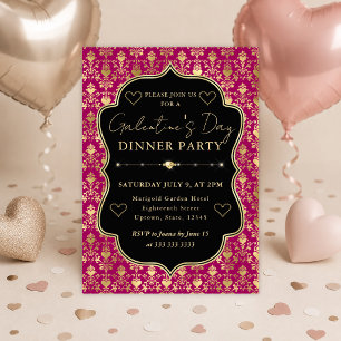 Pink & Gold Heart Damask Galentine's Dinner Party Invitation