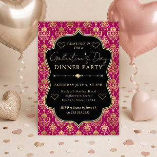 Pink & Gold Heart Damask Galentine's Dinner Party Invitation