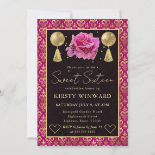 Pink & Gold Heart Damask & Rose Sweet 16 Invitation