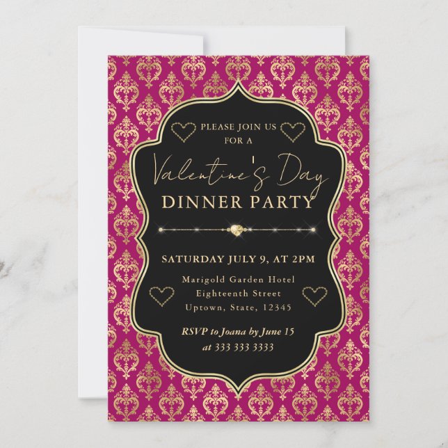 Pink & Gold Heart Damask Valentine's Dinner Party Invitation (Front)
