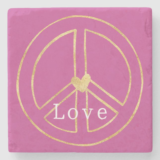 Pink Gold Heart Peace Sign Love Valentine's Day Stone Coaster (Front)