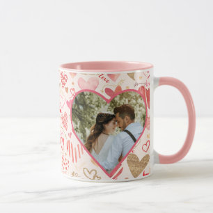 Pink, Gold Hearts And Love Personalised Photos Mug