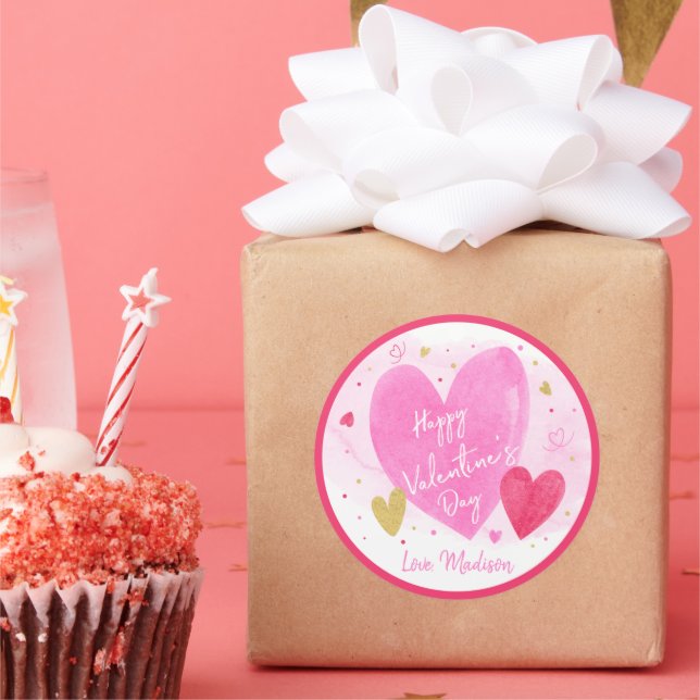 Pink Gold Hearts Happy Valentine's Day Classic Round Sticker (Party)
