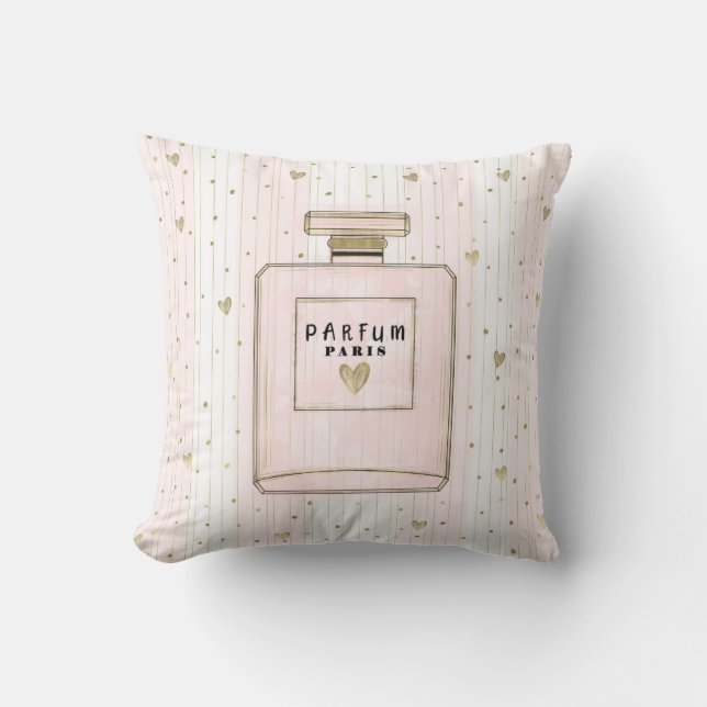 Pink & Gold Hearts Paris Parfum Chic Fashion Cushion (Front)